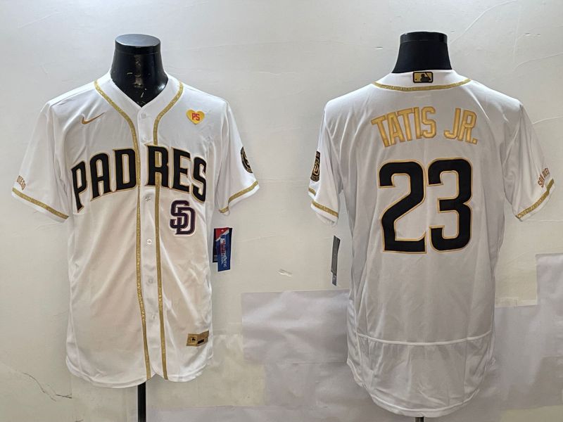 Men San Diego Padres #23 Tatis jr White Gold Elite 2025 Nike MLB Jersey style 10